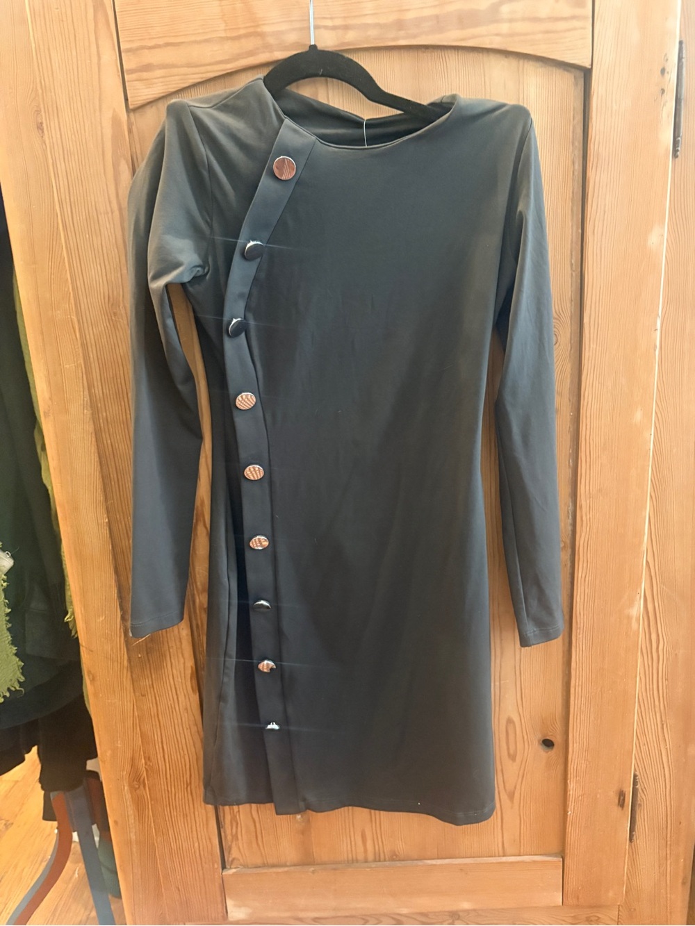 Susana Monaco Sz S Olive Green L/S Dress with Silver Accent Buttons & Stretch